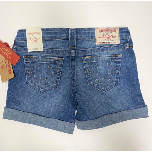 size 26 NEW True Religion‎ mid rise cut off denim shorts $159 super stretch NWT - Picture 6 of 8